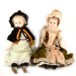 Two Victorian wax over composition head dolls, straw filled bodies, both in original outfits, both
