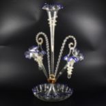 A Victorian clear glass epergne with blue outlines