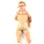Victorian wax doll, glass eyes, closed mouth, wax legs and arms, 50cm, a/f.