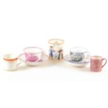 Two Staffordshire tea cups and saucers, printed decoration; Derby mug; lustre mug; and a Dutch