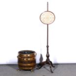 Early Victorian mahogany pole screen, and a coopered oak coal bucket,