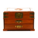 A contemporary Chinese hardwood and brass-mounted jewellery casket