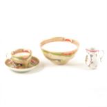 A Worcester polychrome tea cup, saucer and basin, scratch 'B' mark, oriental style decoration in