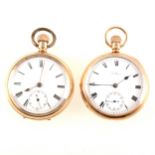 Two open face pocket watches, a 9 carat gold Waltham and a gold-plated watch, both in display domes.
