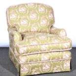 Victorian easy chair, green upholstery with dog and pheasant design