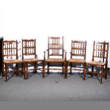 A set of five Lancashire type oak spindle back chairs,