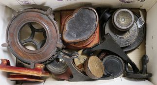 A collection of Chinese wooden vase stands and a wooden lid