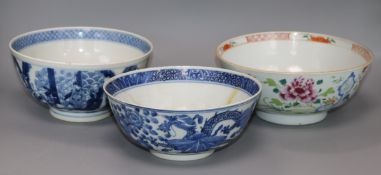 Two Chinese blue and white bowls and a famille rose bowl, 18th/19th century (3) Diameter 23cm