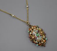 A 19th century Austro-Hungarian? yellow metal, enamel and gem set pendant (brooch conversion), on