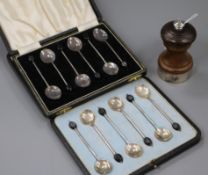 Two cased sets of silver bean end coffee spoons including enamel and a modern silver mounted