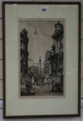 Attributed to Henry Rushbury, etching, London street scene, 37 x 22cm.