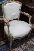 A pair of French grey painted fauteuils