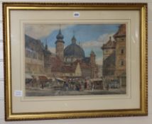 19th century English School, watercolour, Continental market place 38 x 55cm.