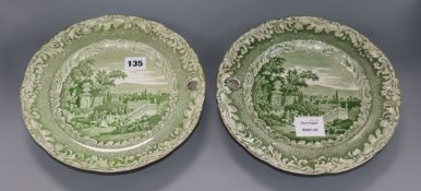 A pair of Copeland and Garrett "Bologna" pattern green printed hot water plates diameter 26cm