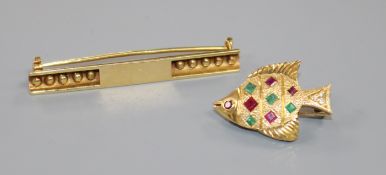 A multi-gem set 18ct gold fish brooch and an 18ct gold bead-set bar brooch, fish 27mm, 13.8 grams