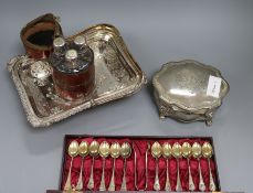 A quantity of mixed metalware, including basket, casket, scent bottles and cased teaspoons