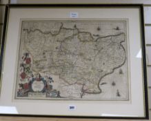 Blaeu. coloured engraving, Map of Cantium - Kent, French text verso