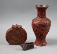 A Chinese cinnabar lacquer vase, a similar cover and a model of a shoe Tallest 19cm