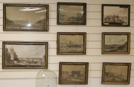 A set of eight early 19th century coloured lithographs of Napoleonic War views, in verre eglomise