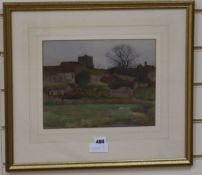 Percy Brook, watercolour, Landscape with village church, signed