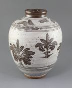 Malcolm Pepper (1937-80). A stoneware studio vase, with brown plant motifs on a cream ground,