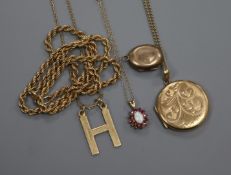 A 9ct gold, ruby and opal pendant on chain, a 9ct gold 'H' initial pendant on chain and three