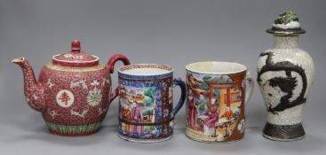 Two Chinese export mugs, a famille rose teapot and a vase and cover tallest 21cm