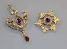 An Edwardian 9ct gold, red doublet and seed pearl set drop pendant brooch and a yellow metal,