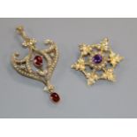 An Edwardian 9ct gold, red doublet and seed pearl set drop pendant brooch and a yellow metal,