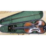 A 19th century violin, two piece back, cased with a later bow