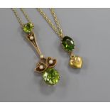 An early 20th century 9ct gold, peridot and seed pearl set drop pendant and a 9ct gold and green