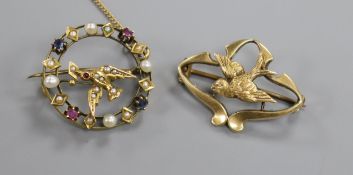 An Art Nouveau 15ct gold bird brooch and one other yellow metal and gem set bird brooch, 27mm et