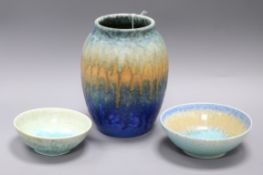 A Ruskin green, orange and blue-glazed crystalline vase and two crystalline turquoise bowls (3) vase