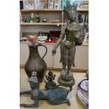 A large bronze figure of Bodhisattva, a Thai bronze figure and a Middle Eastern copper jug and