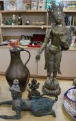 A large bronze figure of Bodhisattva, a Thai bronze figure and a Middle Eastern copper jug and