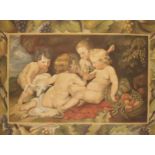 A printed canvas panel of putti within vineous border, 72 x 92cm