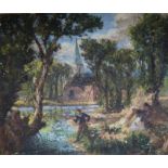 Modern British, oil on canvas, Angler in a landscape, 63 x 76cm, unframed