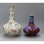A Chinese famille rose crackleglaze vase and a Jun type vase tallest 34cm