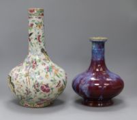 A Chinese famille rose crackleglaze vase and a Jun type vase tallest 34cm