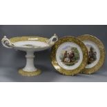 A Victorian prattware comport and two plates, mask head border height 23cm