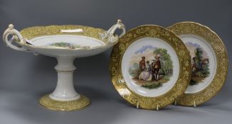 A Victorian prattware comport and two plates, mask head border height 23cm