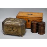 A 19th century Chinese lacquer tea caddy, a satinwood tea caddy and two lacquer canisters