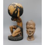 A carved wood figure of Atlas and one other carving tallest 42cm