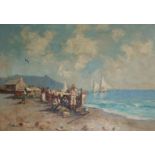 Italian School, oil on canvas, Fisherfolk along the coast, indistinctly signed, 50 x 71cm