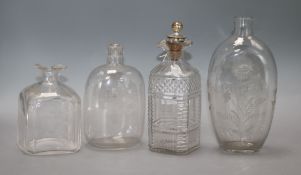 Four 18th/19th century etched glass flasks, one with silver mounted stopper tallest 19.5cm