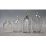 Four 18th/19th century etched glass flasks, one with silver mounted stopper tallest 19.5cm