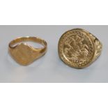 A 9ct gold signet ring and a coin-set ring, the shank marked 9ct (2)