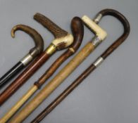 A collection of five walking sticks including three silver mounted