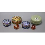 Two cloisonne lidded jars, two agate cups, a celadon lidded jar and another