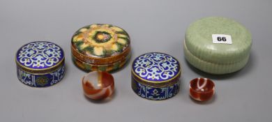 Two cloisonne lidded jars, two agate cups, a celadon lidded jar and another